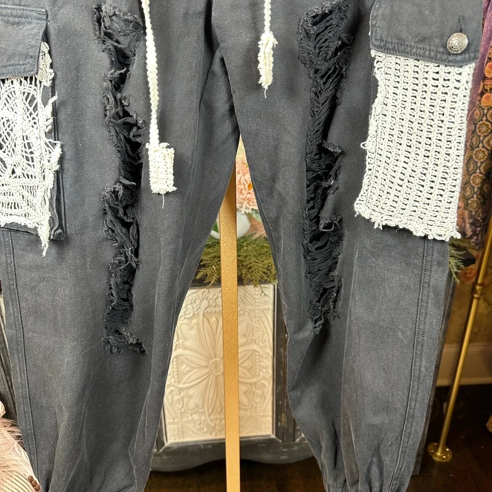 🆕 POL Crochet Patchwork Black Distressed Jogger Pants w/Lace and Knit Accents